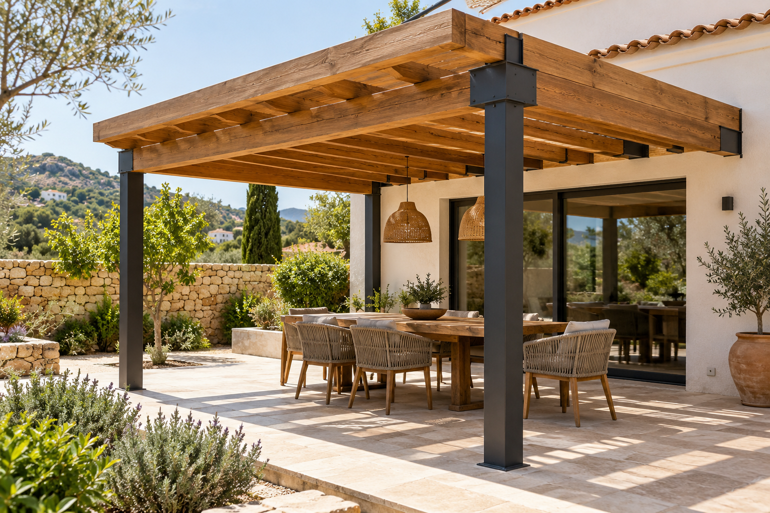 Imagen ilustrativa generada con IA de una pérgola de madera y hierro en un patio