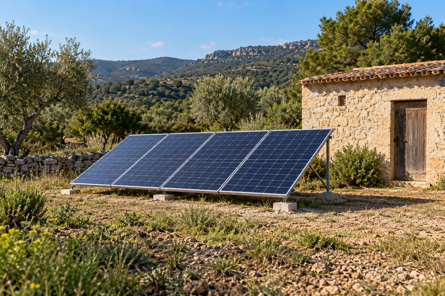 Imagen ilustrativa generada con IA de paneles solares junto a una caseta de campo